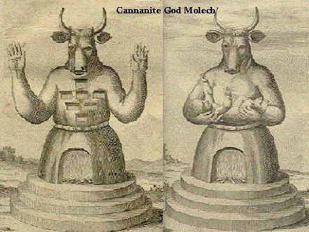 Немецкая иллюстрация Молоха 18-го века ("Der Gotze Moloch" - фальшивый бог). Во многих версиях, огненный алтарь Молоха находился внутри "Живота Зверя" Немецкая иллюстрация Молоха 18-го века ("Der Gotze Moloch" - фальшивый бог). Во многих версиях, огненный алтарь Молоха находился внутри "Живота Зверя"