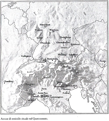 CAPTION OF MAP: RITUAL HOMICIDE ACCUSATIONS IN THE 15TH CENTURY