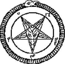 Satanic pentagram with the demon baphomet in the center surrounded with snake eating its own tail
