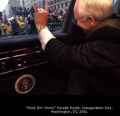 Vice President Dick Cheney a member of the Bohemian Club,
		showing the Satanic sign of Horned Hand or The Mano Cornuto