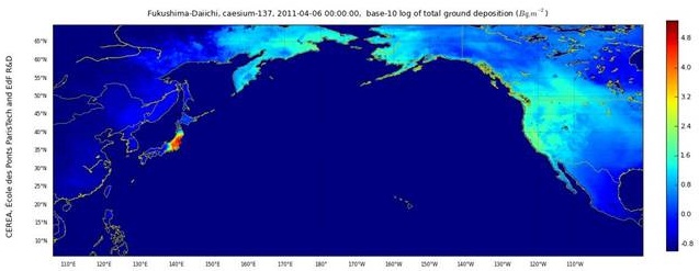 Модель распространения радиоактивных цезиевых осадков Cs-137 в северной части Тихого океана на 6 апреля 2011 года