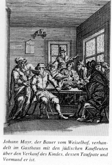 Johann Mayr, the farmer from the Weiselhof, deals in the inn with the Jewish merchants for the sale of the child - Jewish Ritual Murder by Hellmut Schramm