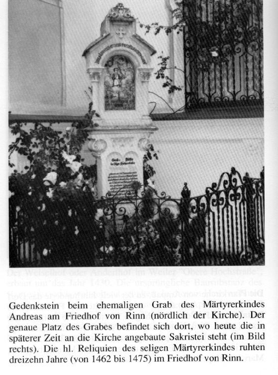 Memorial stone at the former grave of the martyr-child Andreas at the cemetary of Rinn - Jewish Ritual Murder by Hellmut Schramm