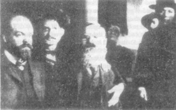 The leaders of the revolution in 1905. From the left: Alexander Parvus, Leon
		Trotsky and Leon Deutsch with other Jewish conspirators. This photograph
		was a state secret