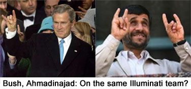 George Bush and Ahmadinajad of Iran showing the satanic hand sign